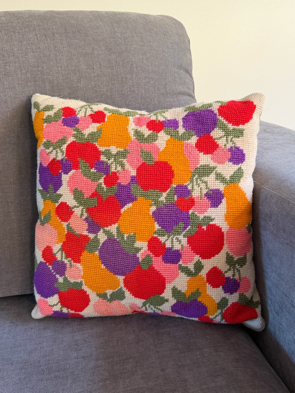 Vintage Fruit Print Needlepoint Decorative Throw Pillow, Green Corduroy Back